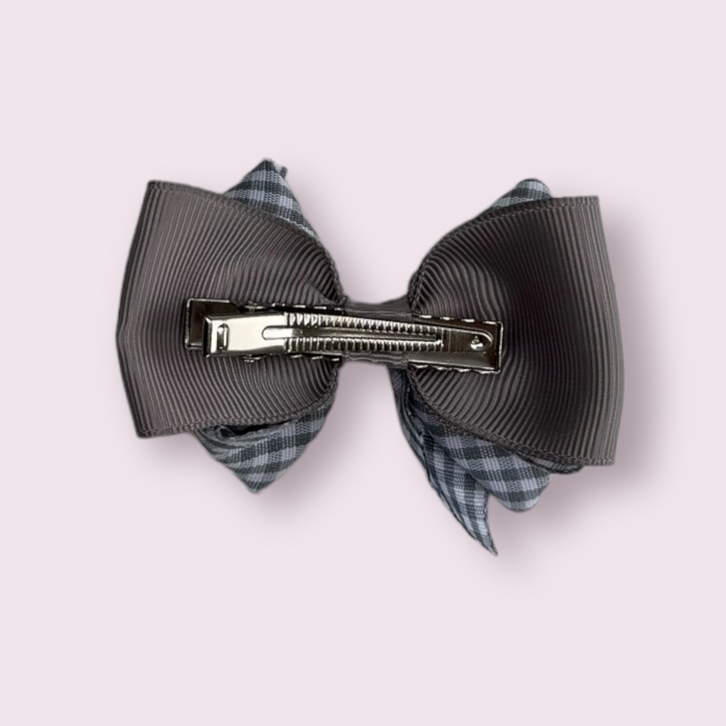 Grey Gingham 3" Double Bow Clip