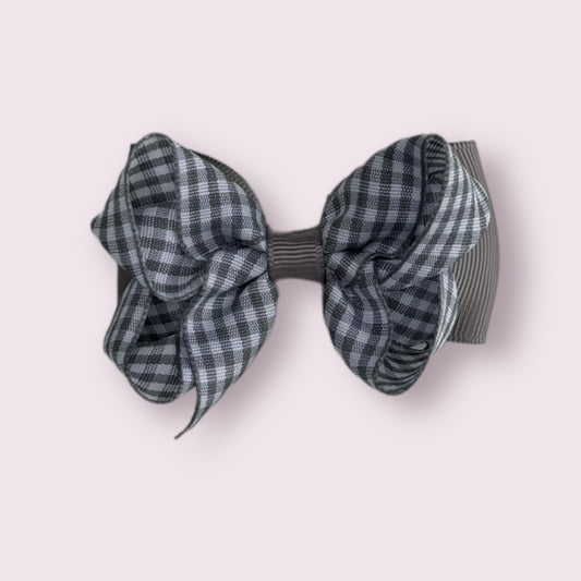 Grey Gingham 3" Double Bow Clip