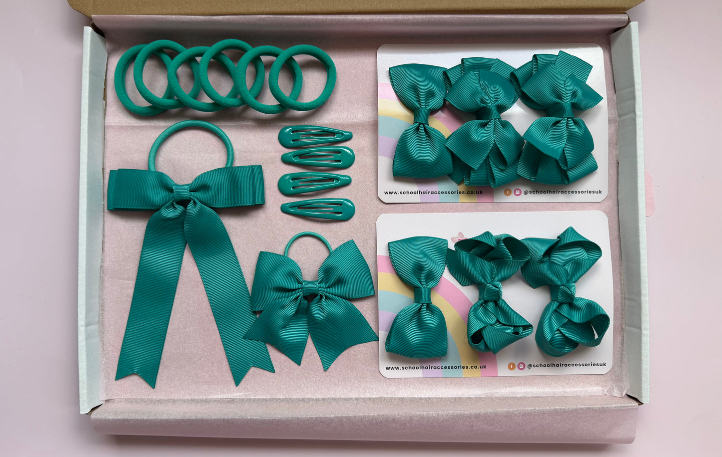 Jade green school hair bundle contents with matching bows and clips