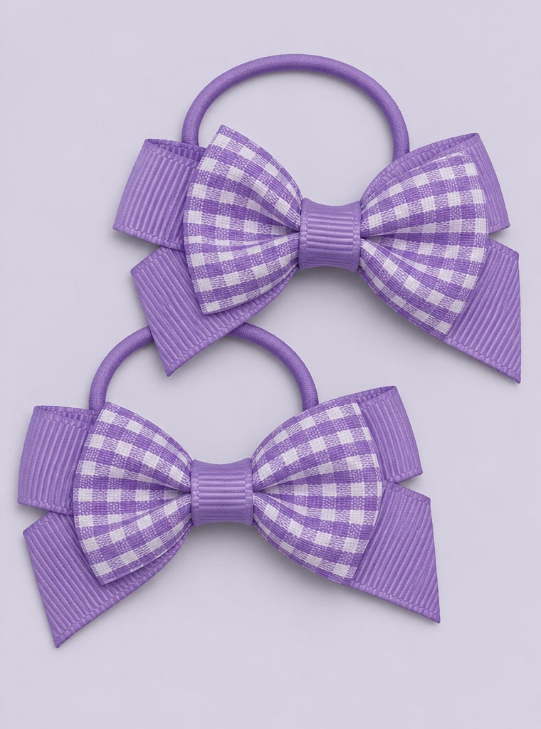 Juni | Lilac Gingham Small Double bow bobbles pair