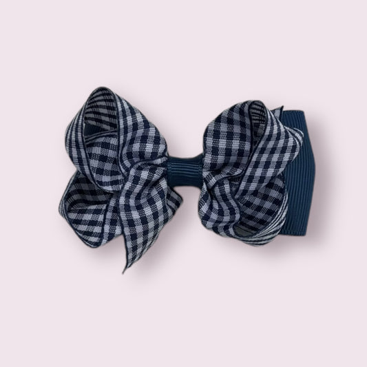 Navy Blue Gingham 3" Double Bow Clip