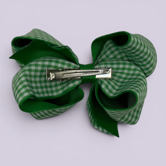 Emerald green gingham large bow clip on card