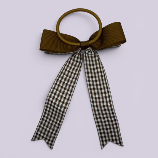 Brown gingham bow bobble on card