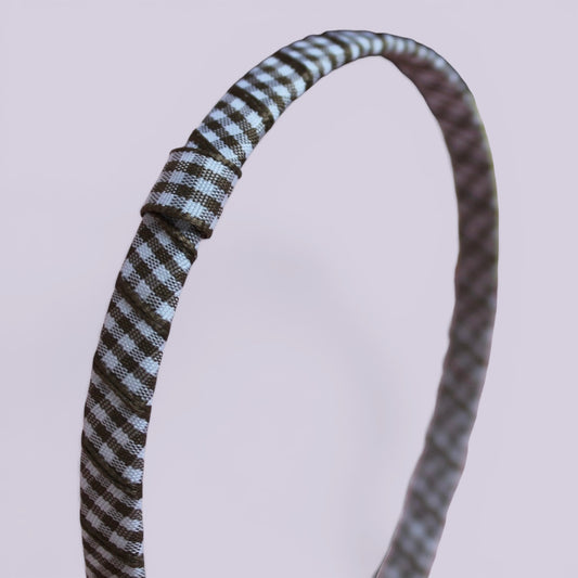 Brown gingham headband close up