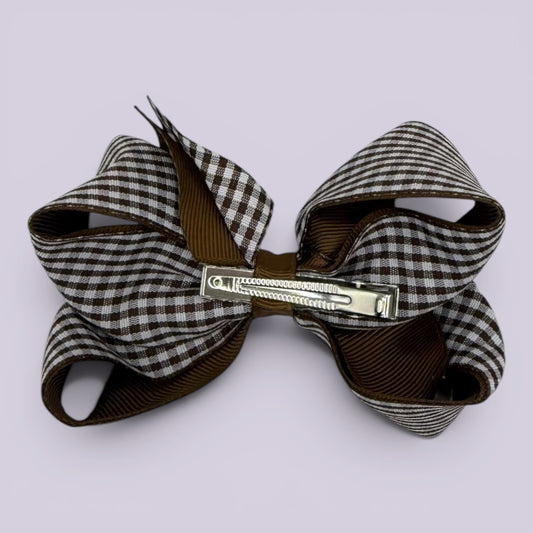 Brown gingham large bow clip on card