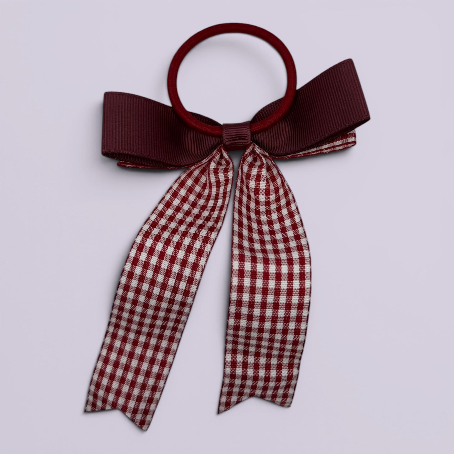 Burgundy maroon gingham bow bobble on card