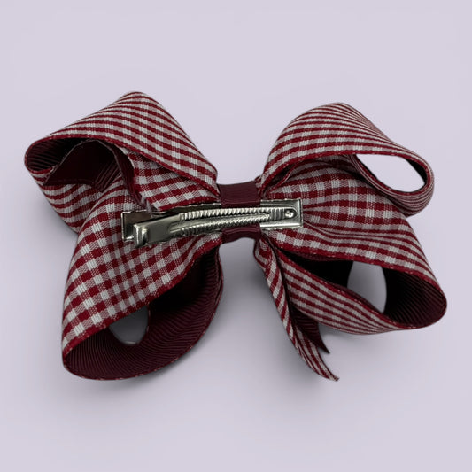 Burgundy maroon gingham large bow clip on card