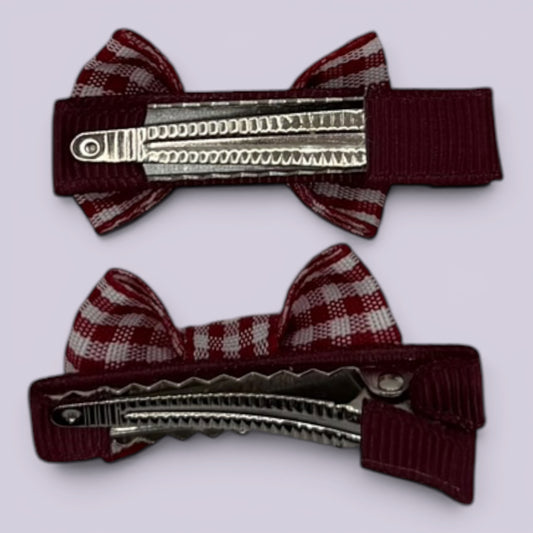 Burgundy maroon gingham mini bowtie clips on card