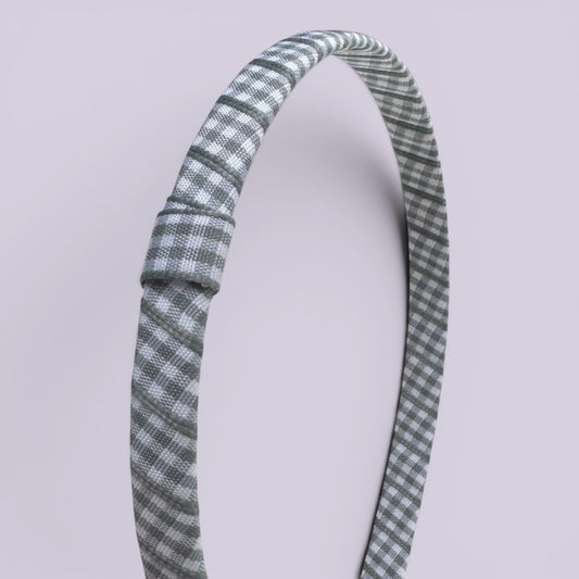 Grey gingham headband close up