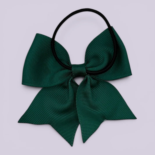 Hunter bottle green four tailed bow bobble on card