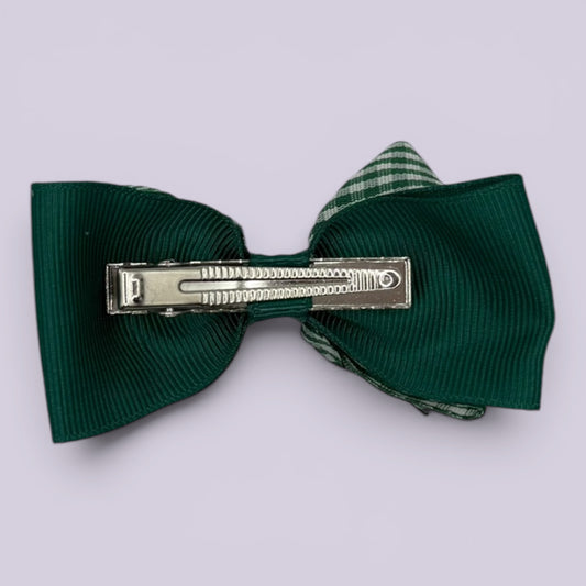 Hunter bottle green gingham double bow clip on card