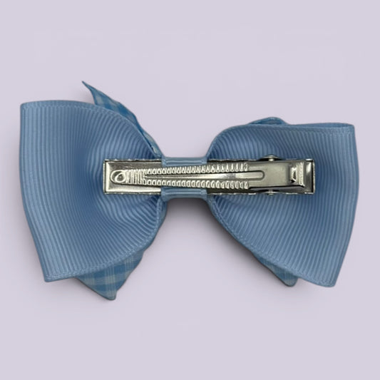 Light blue gingham double bow clip on matching card