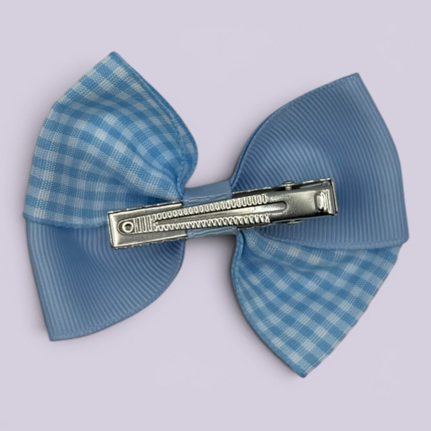 Light blue gingham twisted bow clip on matching card