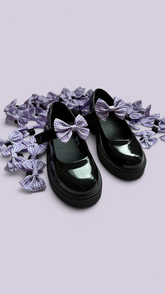 Lilac gingham shoe bows on school shoes