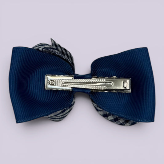 Navy blue gingham double bow clip on card