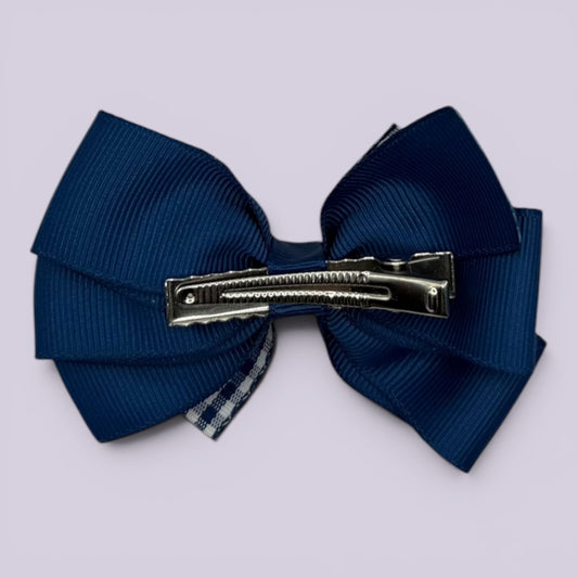 Navy blue gingham pinwheel bow clip on card