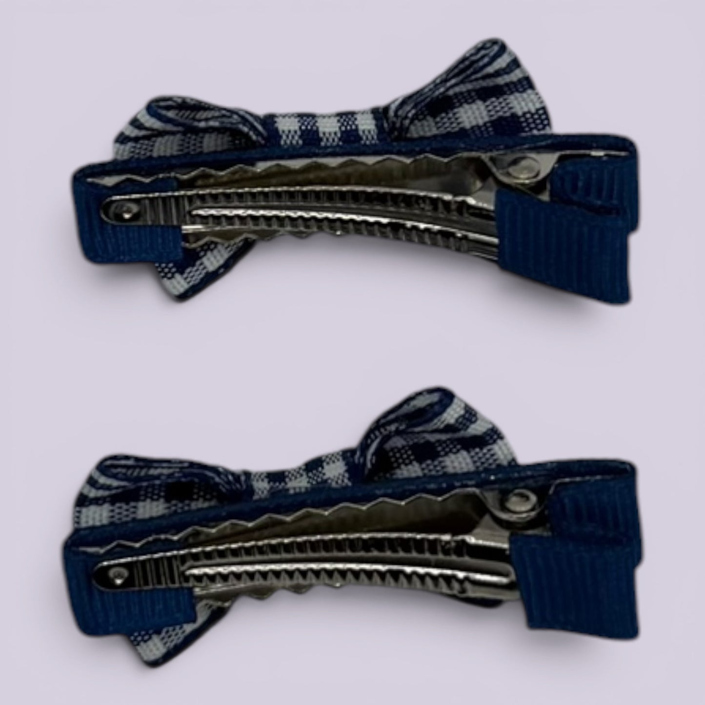 Navy blue gingham mini bowtie clips on card