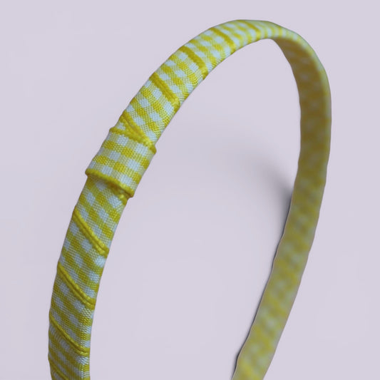 Yellow gingham headband close up