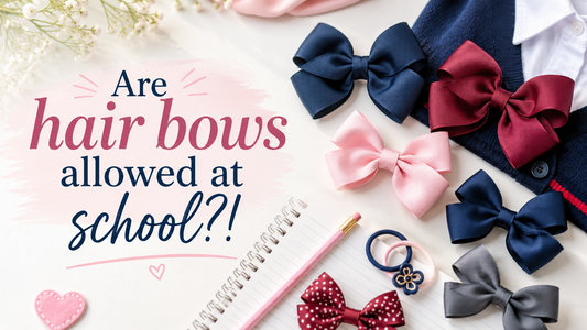 School hair bows in uniform colours with blog title asking are hair bows allowed at school