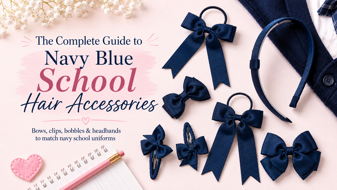 Navy blue school hair accessories including bows, clips, bobbles and headband styled with school uniform items