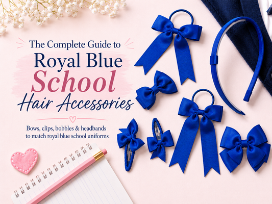 Royal blue school hair accessories including bows, clips, bobbles and headband styled with school uniform items