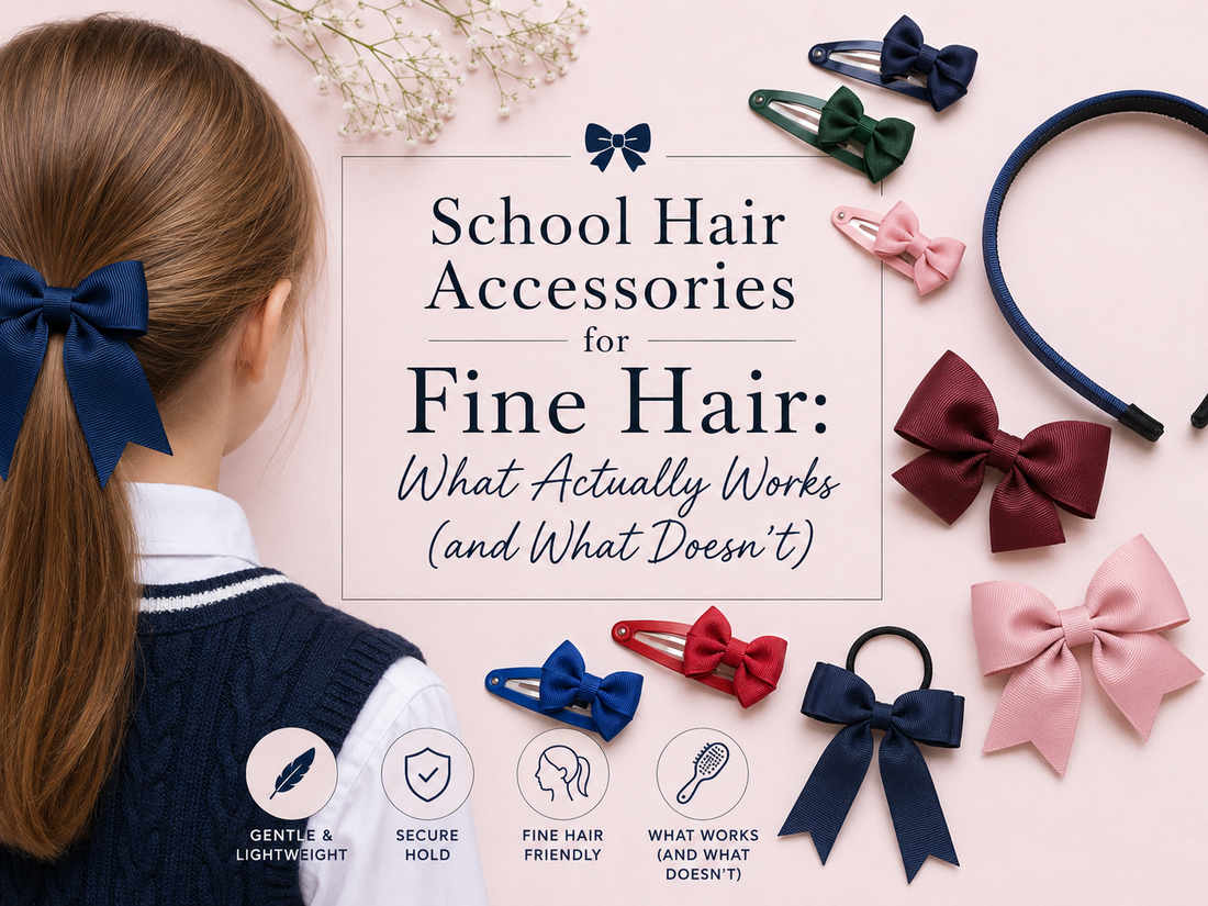 School hair accessories for fine hair including colourful bows, clips, bobbles and headbands styled with a school uniform