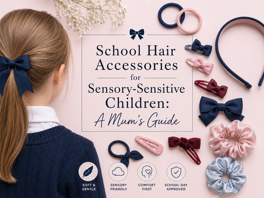 School hair accessories for sensory-sensitive children including soft bobbles, clips, scrunchies and headbands styled with school uniform