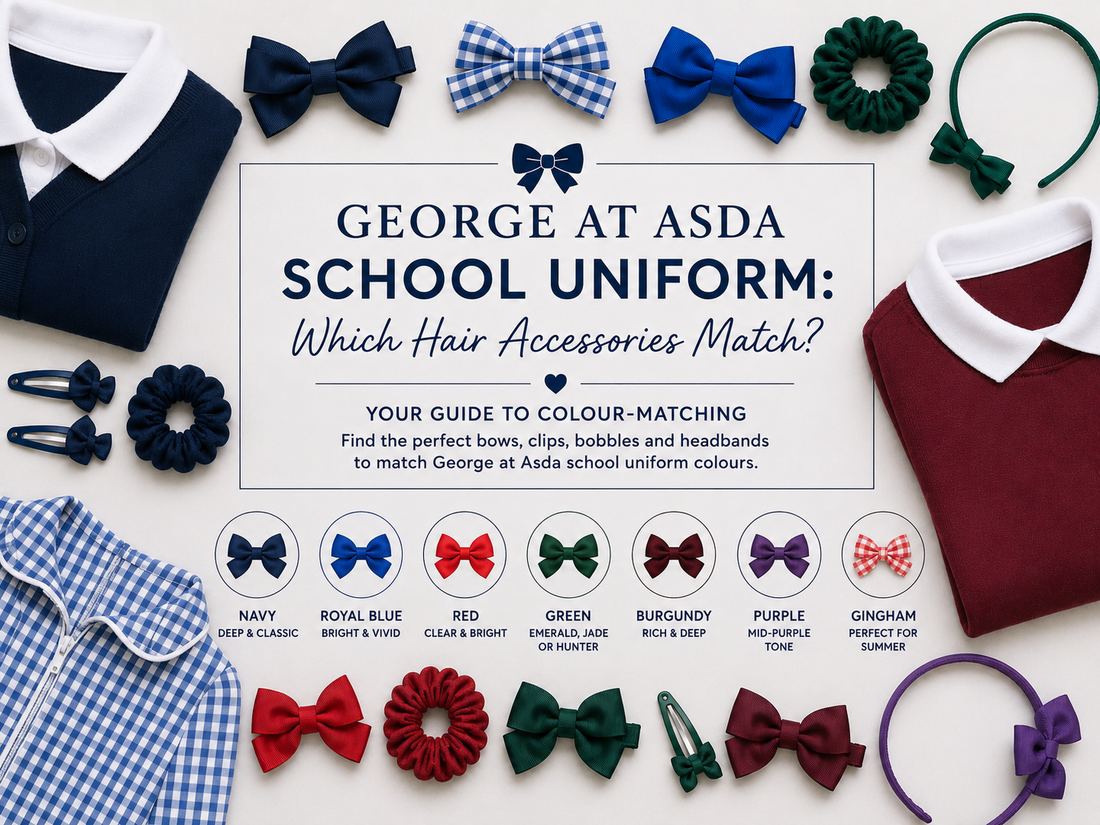 School uniform colour matching guide with bows, clips, bobbles and headbands in navy, royal blue, red, green, burgundy, purple and gingham