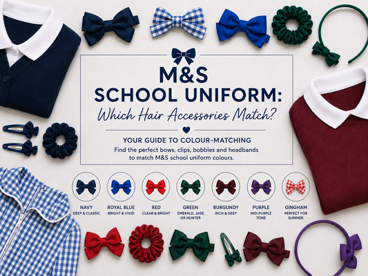 M&S school uniform colour matching guide with bows, clips, bobbles and headbands in navy, royal blue, red, green, burgundy, purple and gingham
