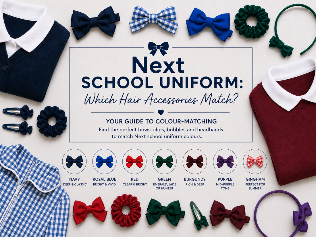 Next school uniform colour matching guide with bows, clips, bobbles and headbands in navy, royal blue, red, green, burgundy, purple and gingham