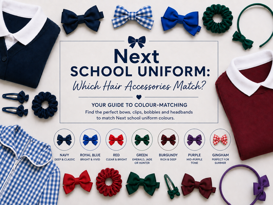Next school uniform colour matching guide with bows, clips, bobbles and headbands in navy, royal blue, red, green, burgundy, purple and gingham