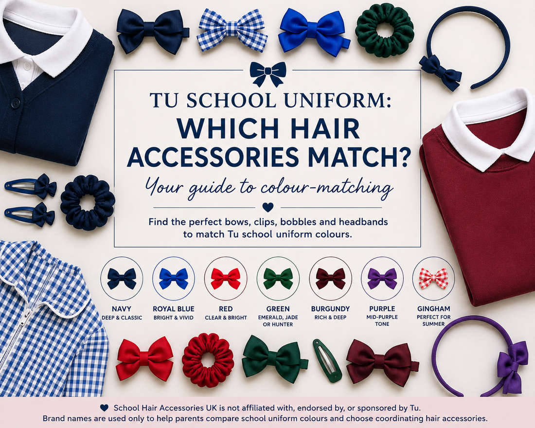 Tu school uniform colour matching guide with bows, clips, bobbles and headbands in navy, royal blue, red, green, burgundy, purple and gingham  Page title: