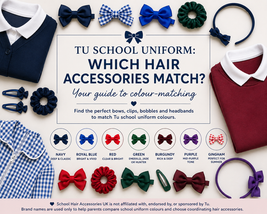 Tu school uniform colour matching guide with bows, clips, bobbles and headbands in navy, royal blue, red, green, burgundy, purple and gingham  Page title: