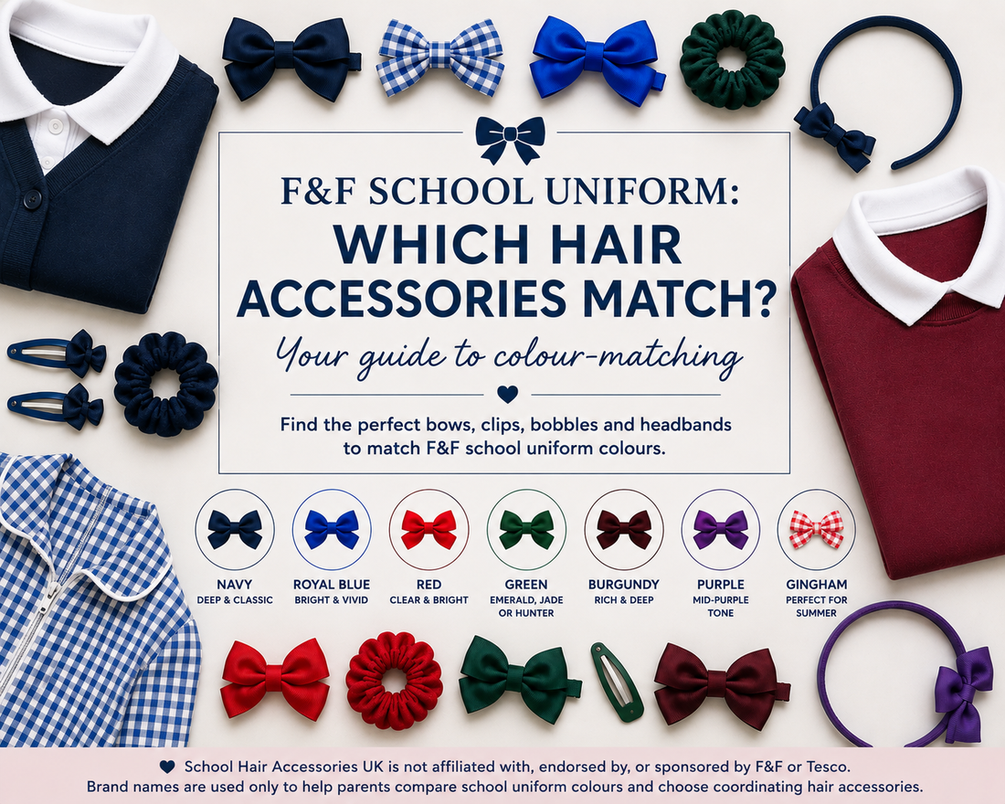F&F school uniform colour matching guide with bows, clips, bobbles and headbands in navy, royal blue, red, green, burgundy, purple and gingham