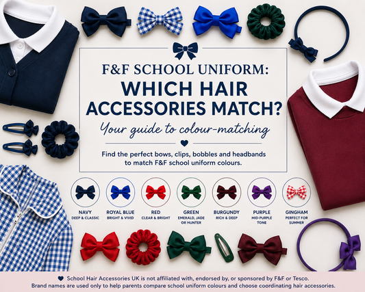 F&F school uniform colour matching guide with bows, clips, bobbles and headbands in navy, royal blue, red, green, burgundy, purple and gingham