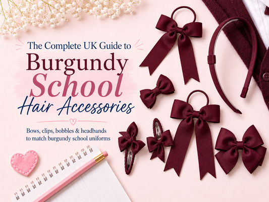 Burgundy school hair accessories including bows, clips, bobbles and headband styled with school uniform items