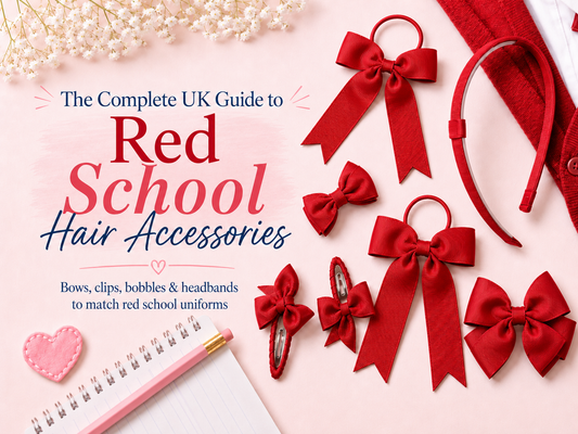 Red school hair accessories including bows, clips, bobbles and headband styled with school uniform items