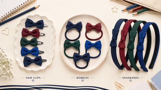 School hair clips, bow bobbles and headbands in matching school uniform colours