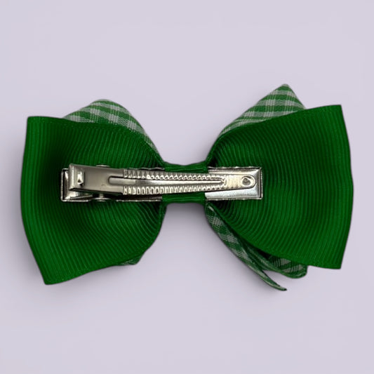 Emerald green gingham double bow clip on card