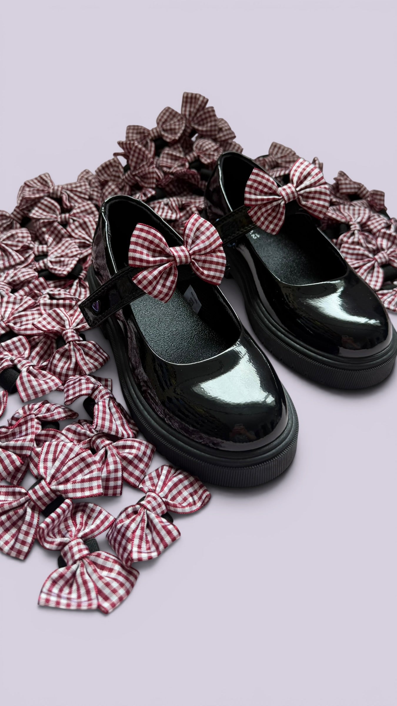 Burgundy maroon gingham shoe bows on school shoes