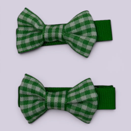 Emerald green gingham mini school hair bow clips