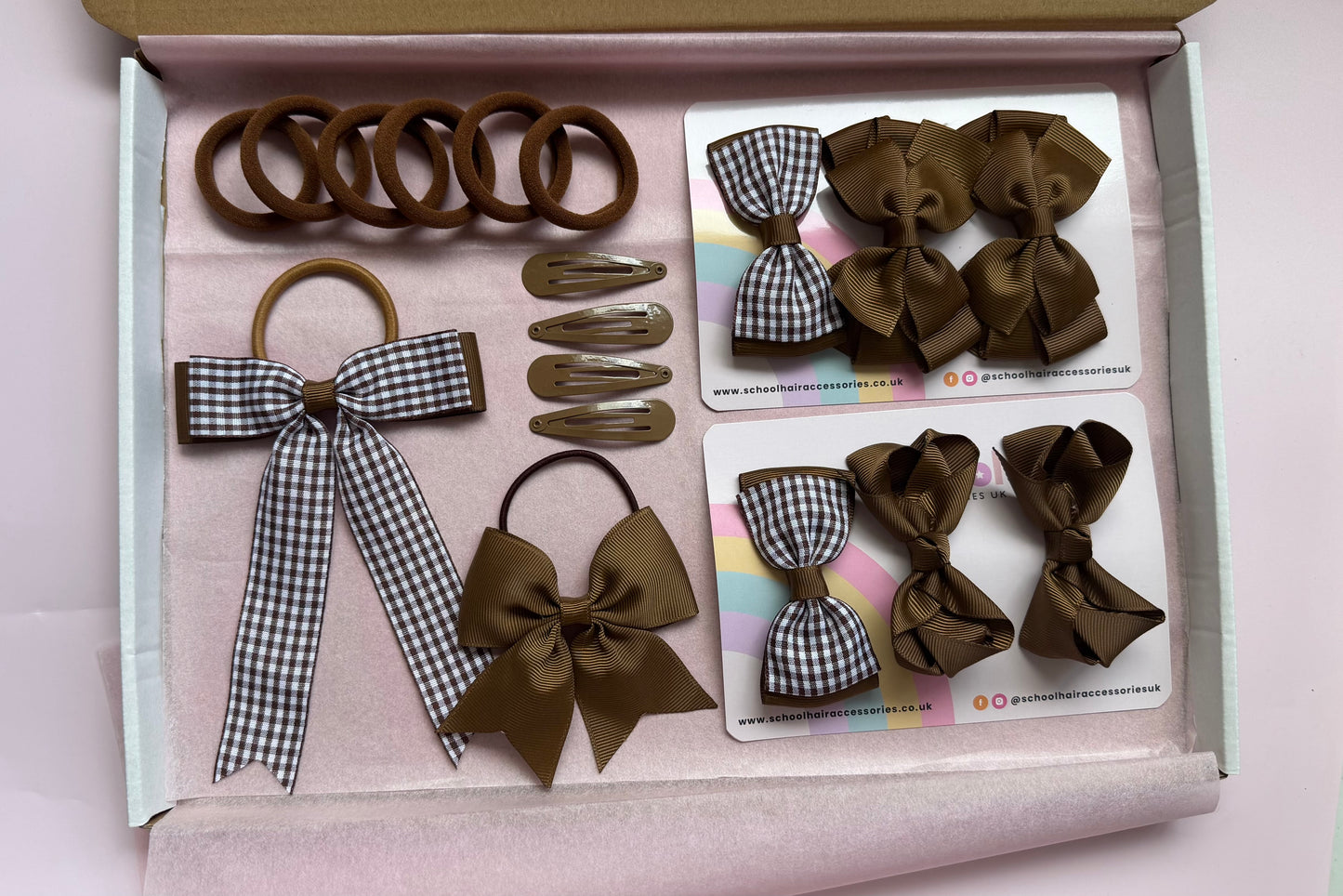 Brown school hair bundle contents with matching bows and clips