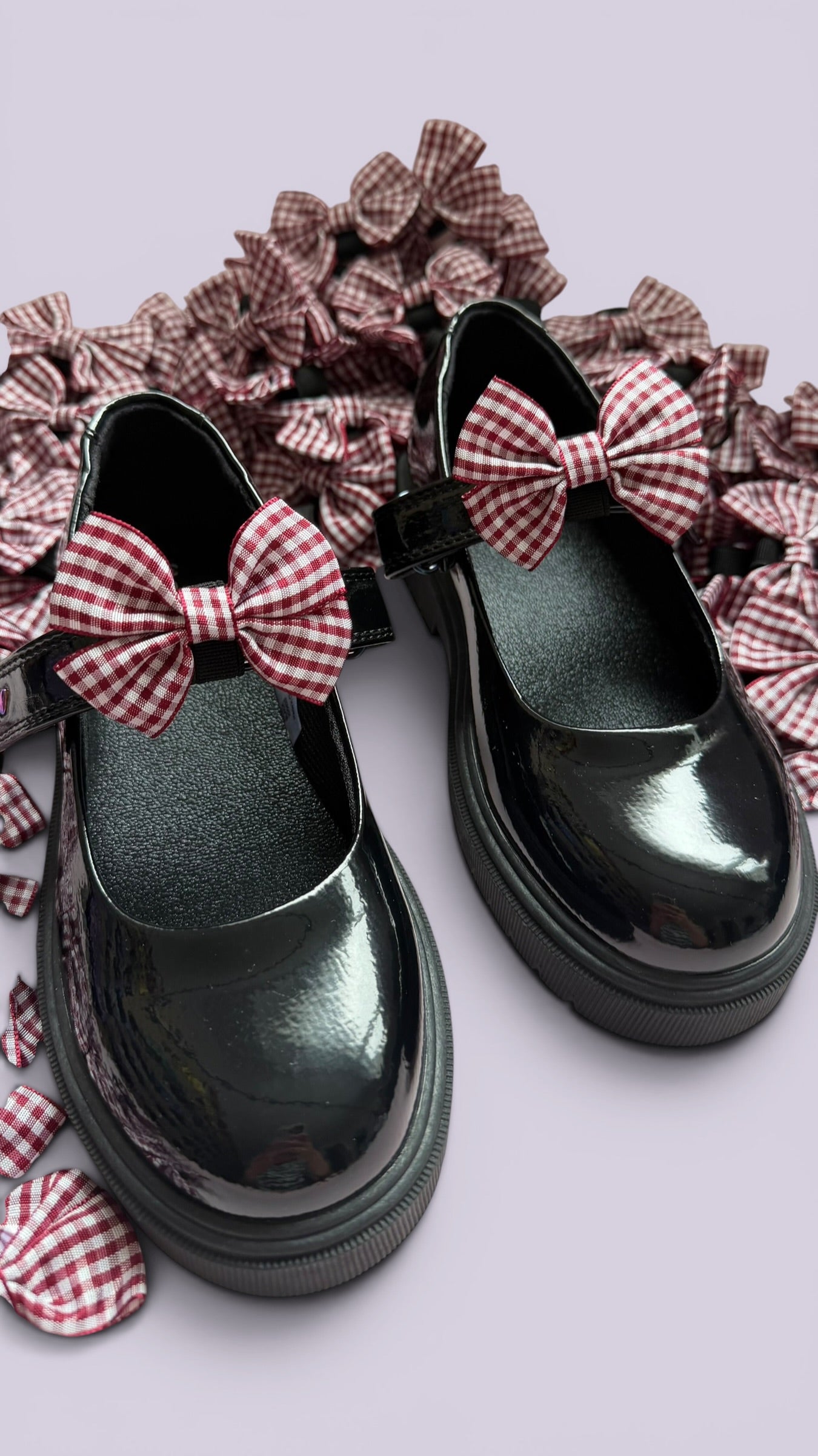 Burgundy maroon gingham school uniform shoe bows
