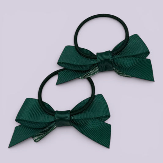 Juni | Hunter Bottle Green Gingham Small Double bow bobbles pair