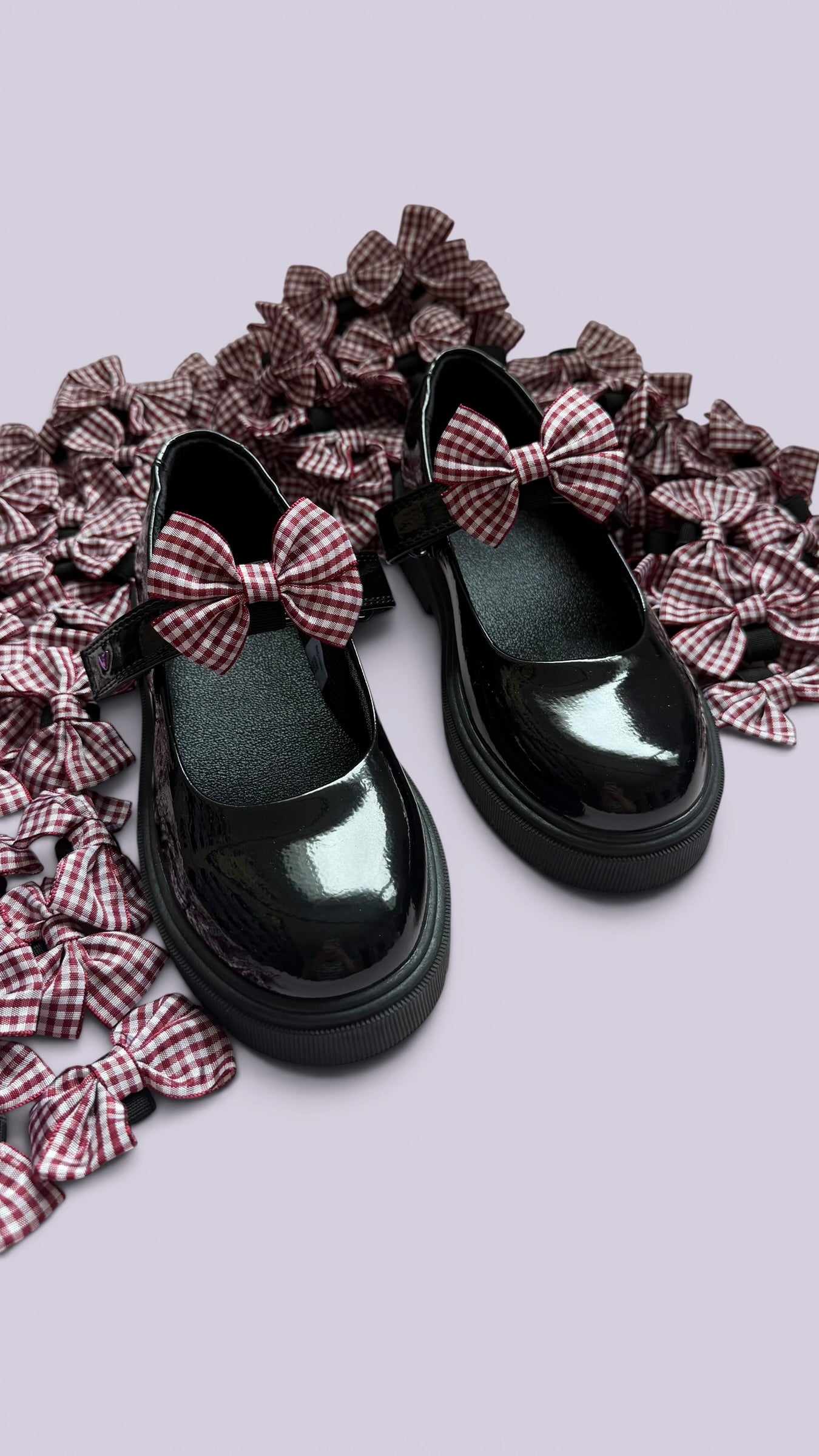 Burgundy maroon gingham shoe bows for school uniform