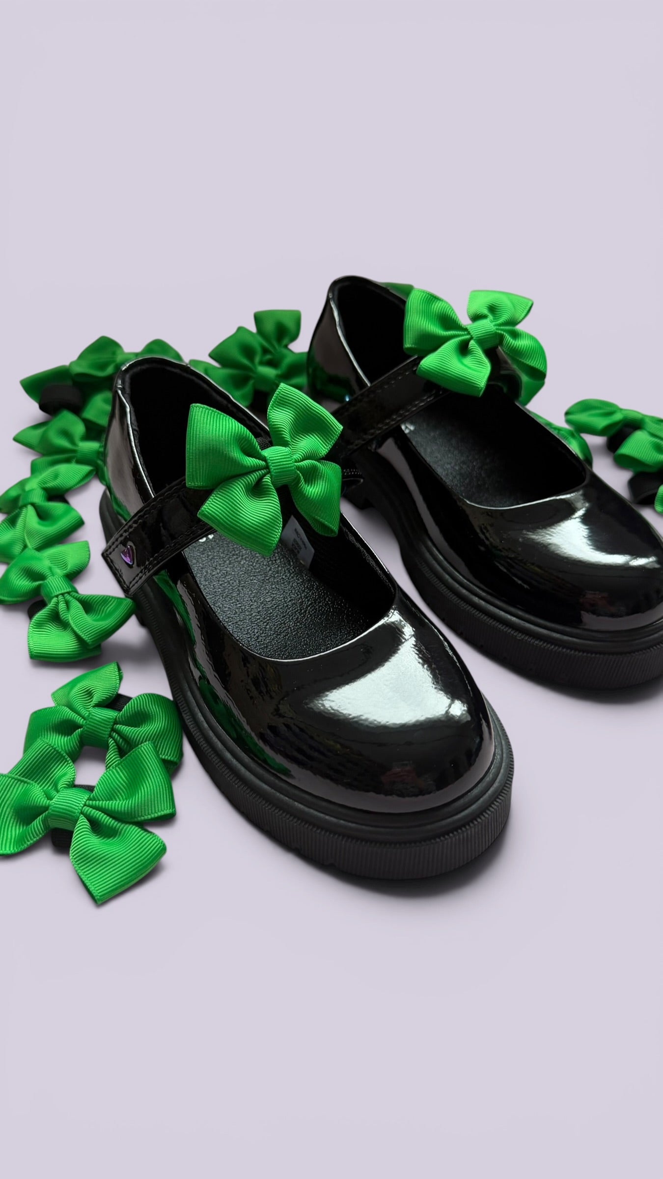 Emerald green shoe bows on school shoes