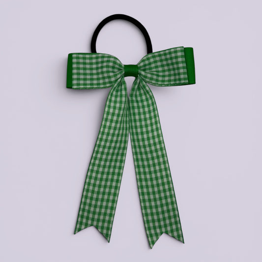 Emerald green gingham tailed school hair bow bobble
