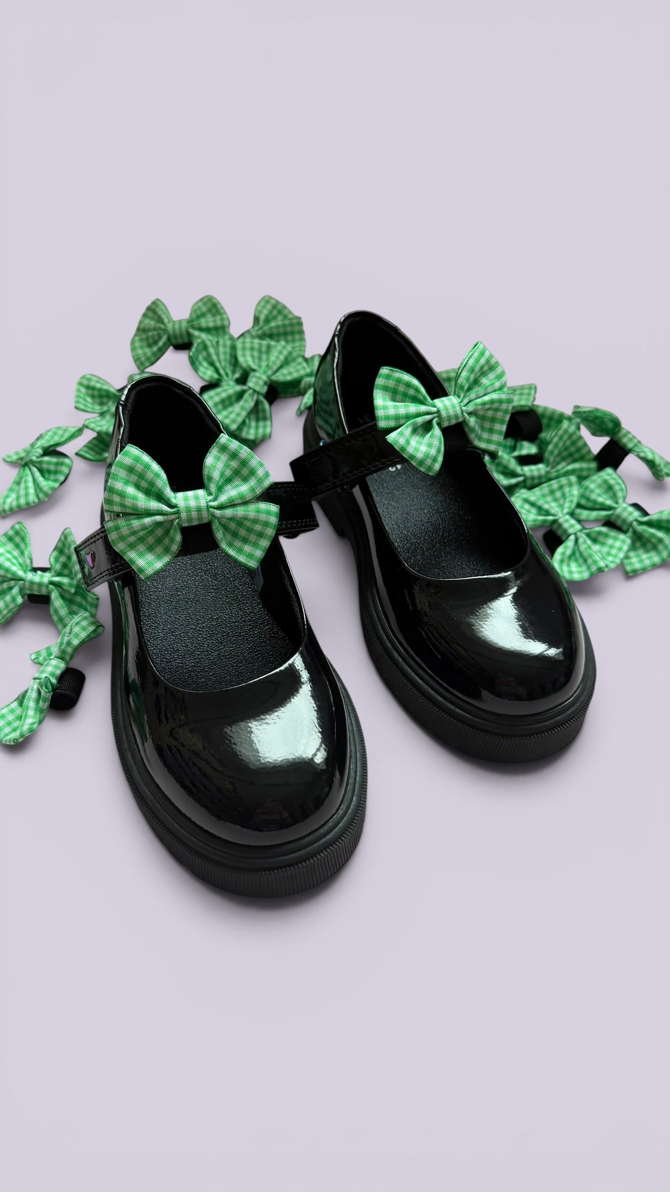 Emerald green gingham school uniform shoe bows