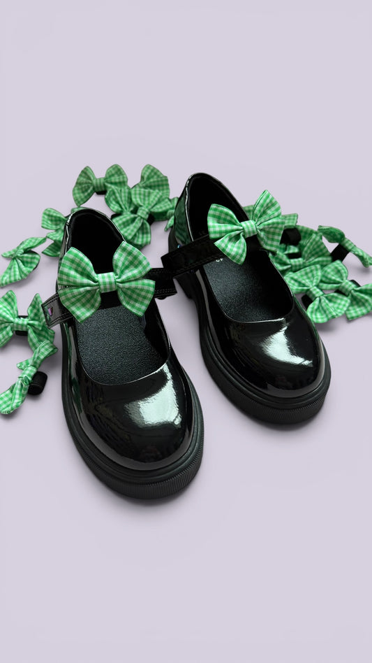 Emerald green gingham school uniform shoe bows
