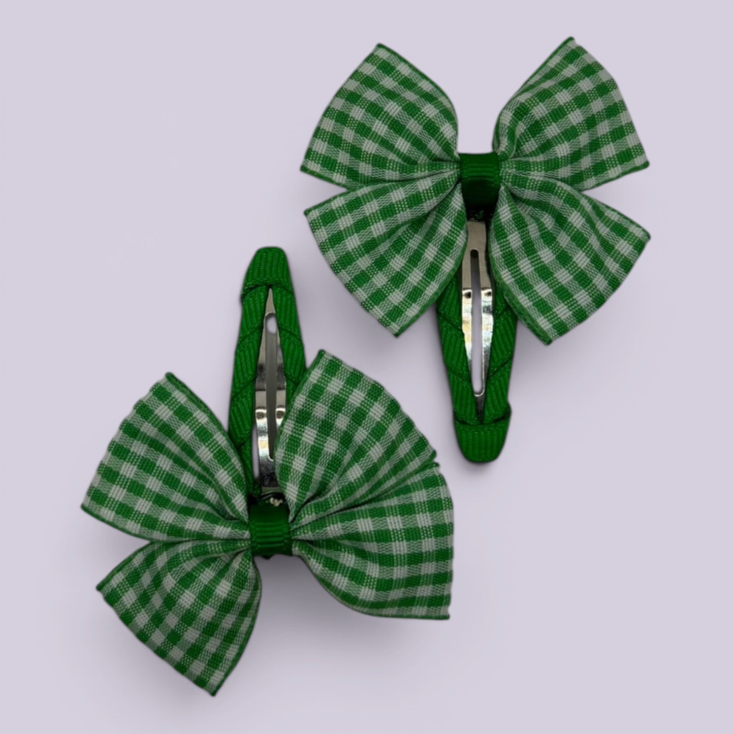 Emerald green gingham butterfly school snap hair clips